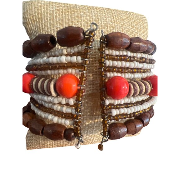 Vintage Memory Wire Cuff Bracelet Wood Ceramic Beads Brown Orange Boho Estate - Picture 3 of 5